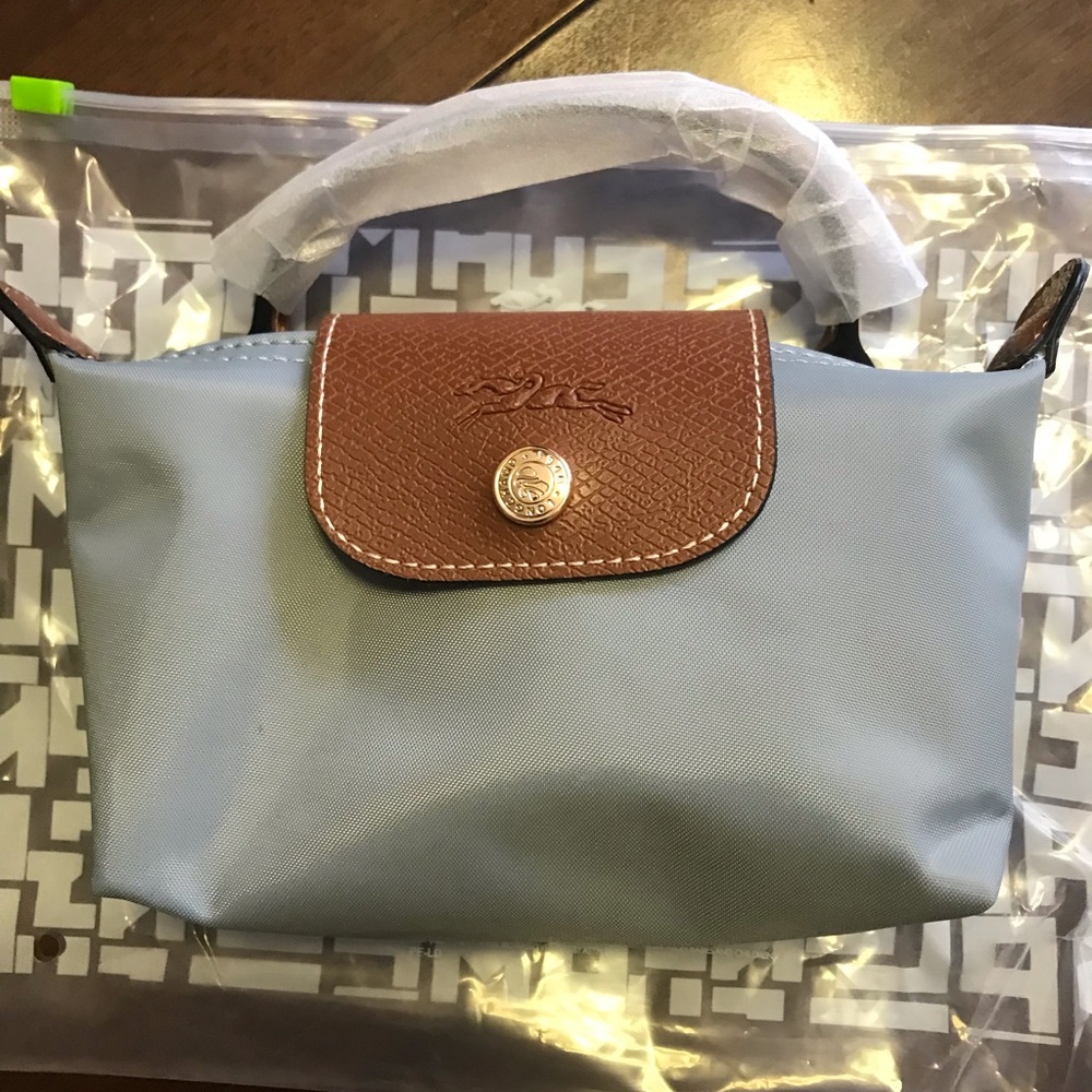 Longchamp Mini Top-Handle Bag in Steel ash with Brown Trim